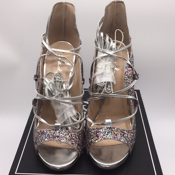 Qupid Woman’s Silver Multi Glitter Open Toe High Heels Size 7 - Picture 6 of 13